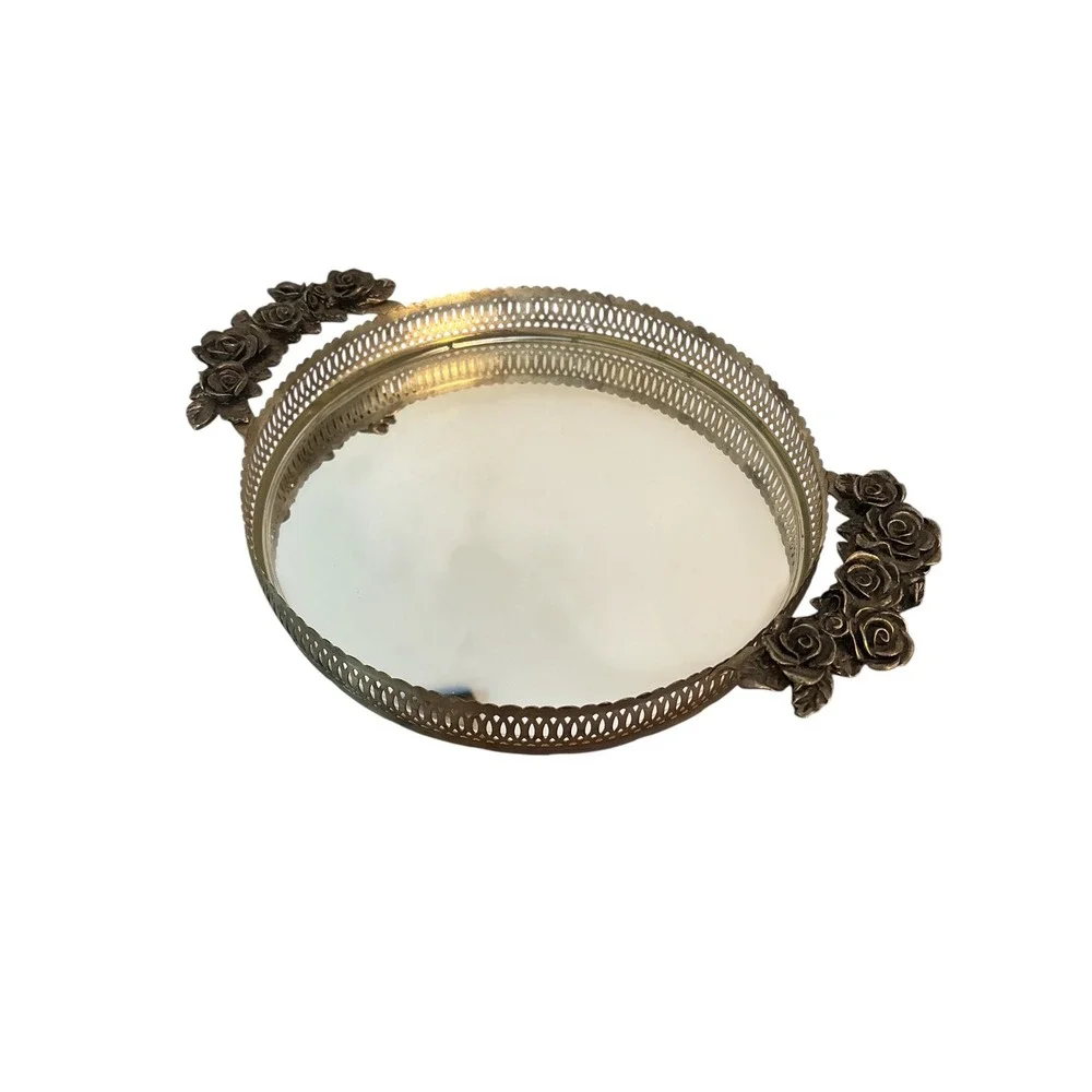 Vintage Round Mirrored Vanity Tray Gold Tone Pierced Metal Rose Flower‎ Handles